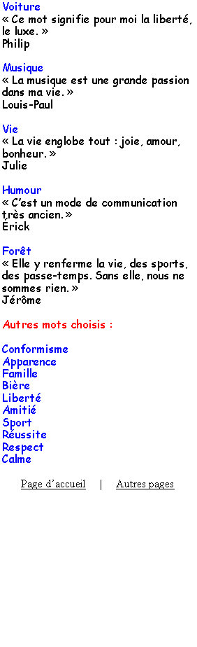 Zone de Texte: Voiture Ce mot signifie pour moi la libert, le luxe. PhilipMusique La musique est une grande passion dans ma vie. Louis-PaulVie La vie englobe tout : joie, amour, bonheur. JulieHumour Cest un mode de communication trs ancien. rickFort Elle y renferme la vie, des sports, des passe-temps. Sans elle, nous ne sommes rien. JrmeAutres mots choisis :ConformismeApparenceFamilleBireLibertAmitiSportRussiteRespectCalmePage daccueil     |     Autres pages