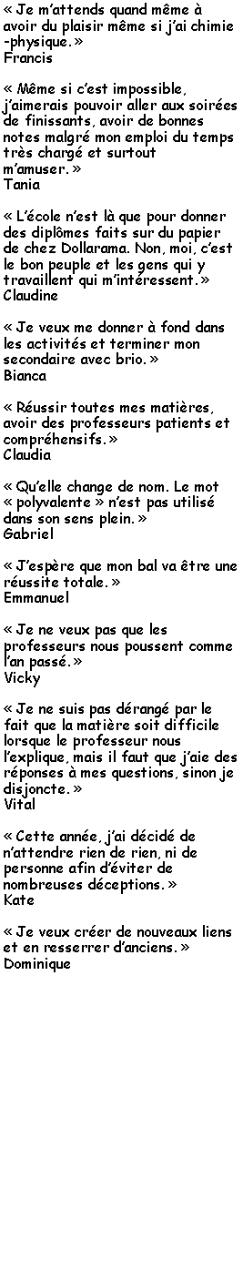 Zone de Texte:  Je mattends quand mme  avoir du plaisir mme si jai chimie-physique. Francis Mme si cest impossible, jaimerais pouvoir aller aux soires de finissants, avoir de bonnes notes malgr mon emploi du temps trs charg et surtout mamuser. Tania Lcole nest l que pour donner des diplmes faits sur du papier de chez Dollarama. Non, moi, cest le bon peuple et les gens qui y travaillent qui mintressent. Claudine Je veux me donner  fond dans les activits et terminer mon secondaire avec brio. Bianca Russir toutes mes matires, avoir des professeurs patients et comprhensifs. Claudia Quelle change de nom. Le mot  polyvalente  nest pas utilis dans son sens plein. Gabriel Jespre que mon bal va tre une russite totale. Emmanuel Je ne veux pas que les professeurs nous poussent comme lan pass. Vicky Je ne suis pas drang par le fait que la matire soit difficile lorsque le professeur nous lexplique, mais il faut que jaie des rponses  mes questions, sinon je disjoncte. Vital Cette anne, jai dcid de nattendre rien de rien, ni de personne afin dviter de nombreuses dceptions. Kate Je veux crer de nouveaux liens et en resserrer danciens. Dominique